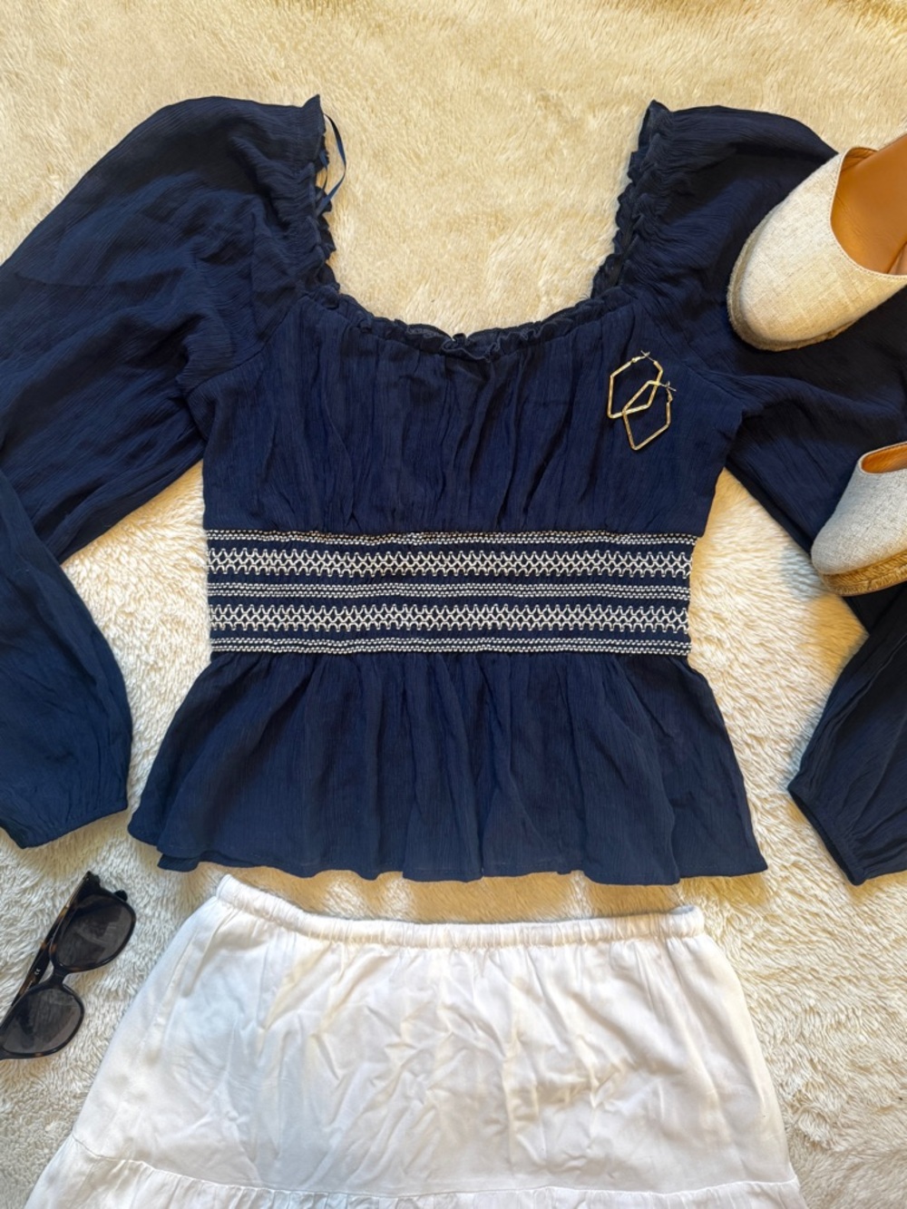 Navy Smocked Peplum Long Sleeve Top